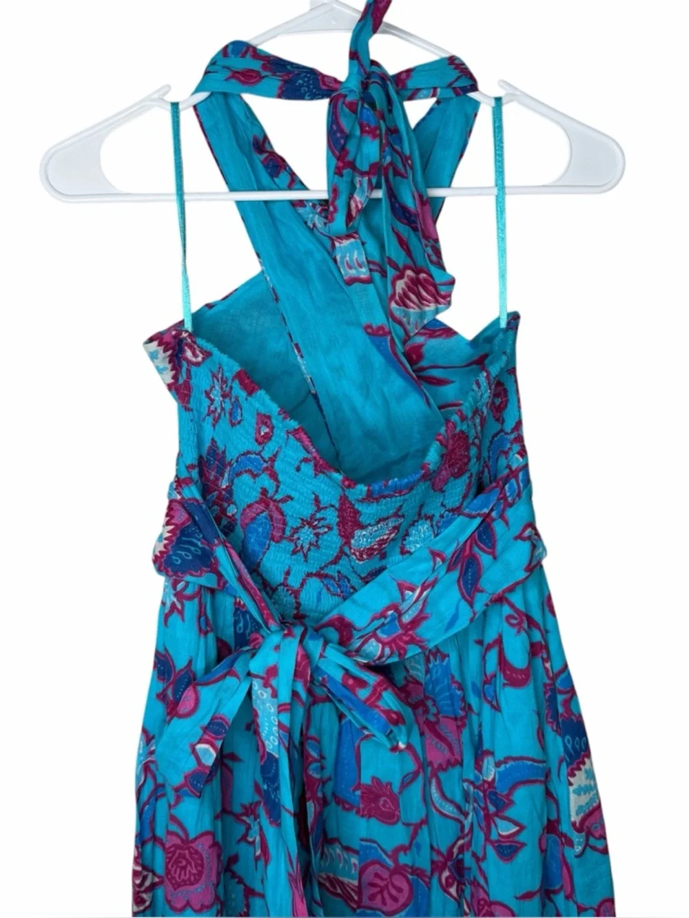 Caroline Constas Criss Cross Halter Floral Maxi Dress Size Small Turquoise Blue